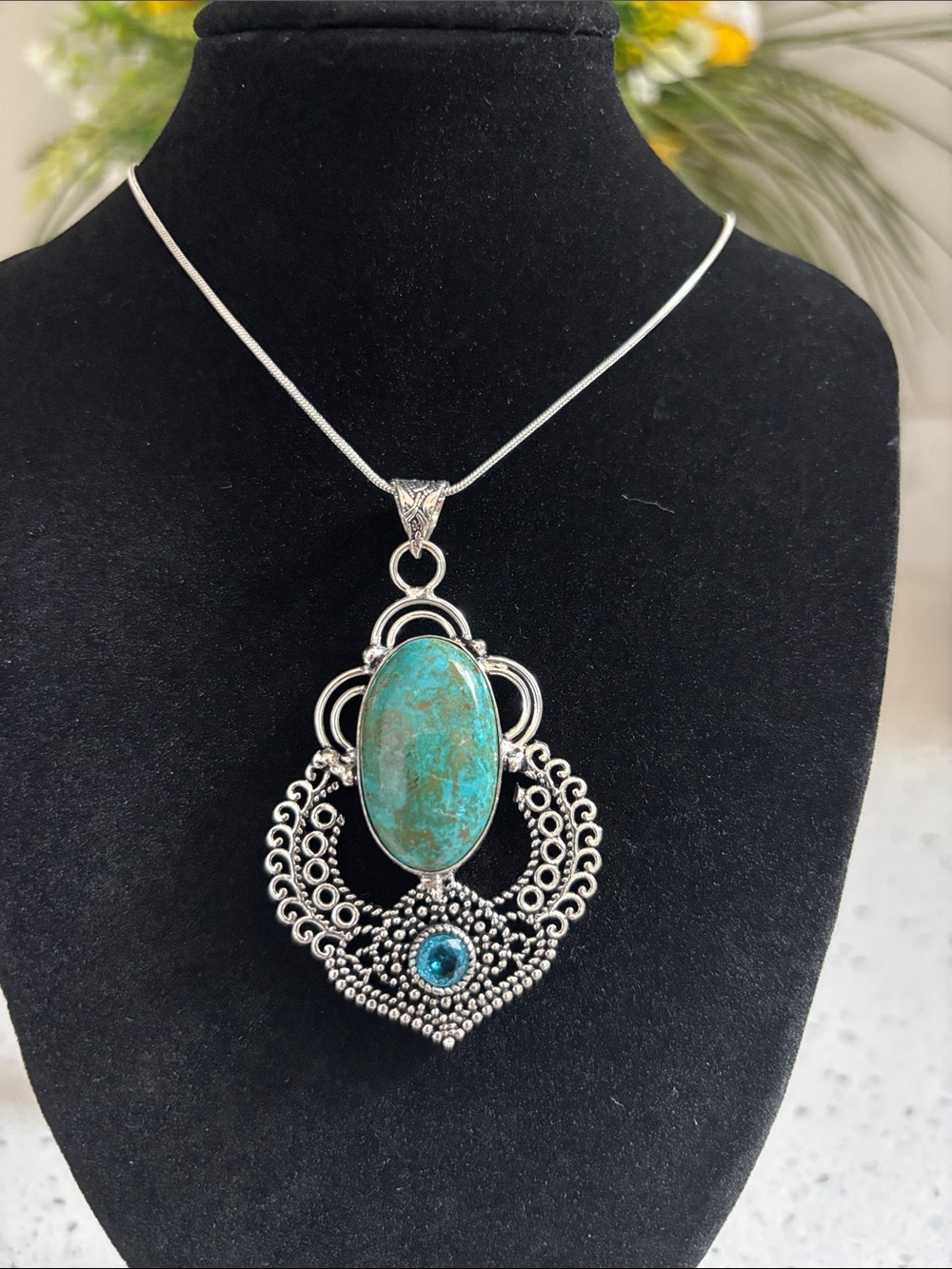 Sterling Silver Azurite & Blue Topaz Gemstone Pendant Necklace